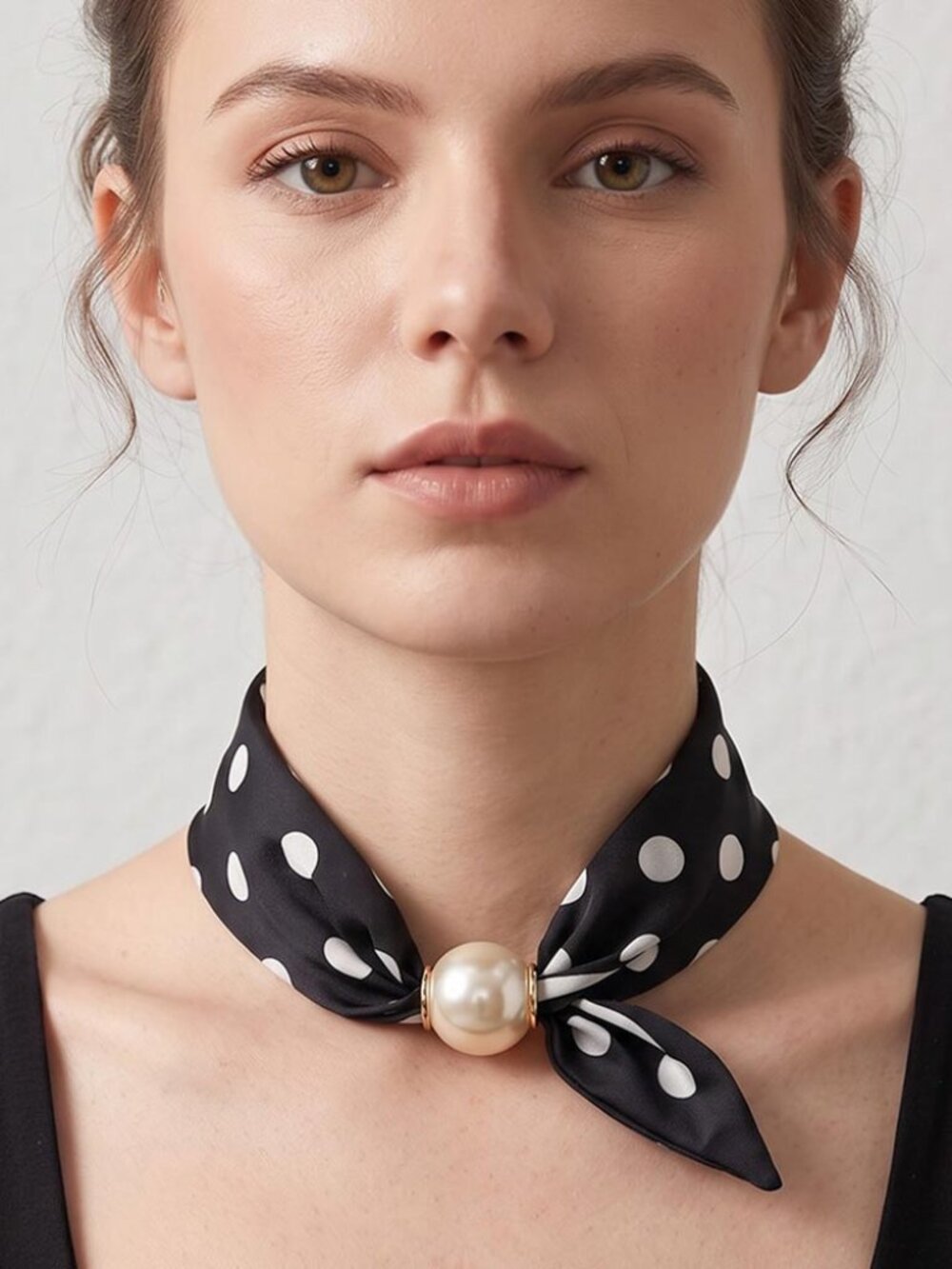 2PCS Polka Dot Scarf Necklace Set Black Ivory Pearl Magnetic Closure